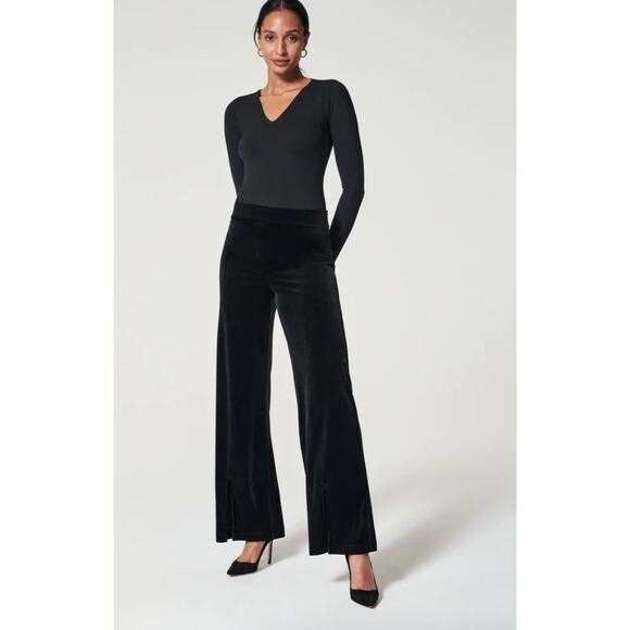 Spanx Pants - Spanx Black Velvet Split Hem Wide Leg Pant Pull On Women’s L Shaping Slimming